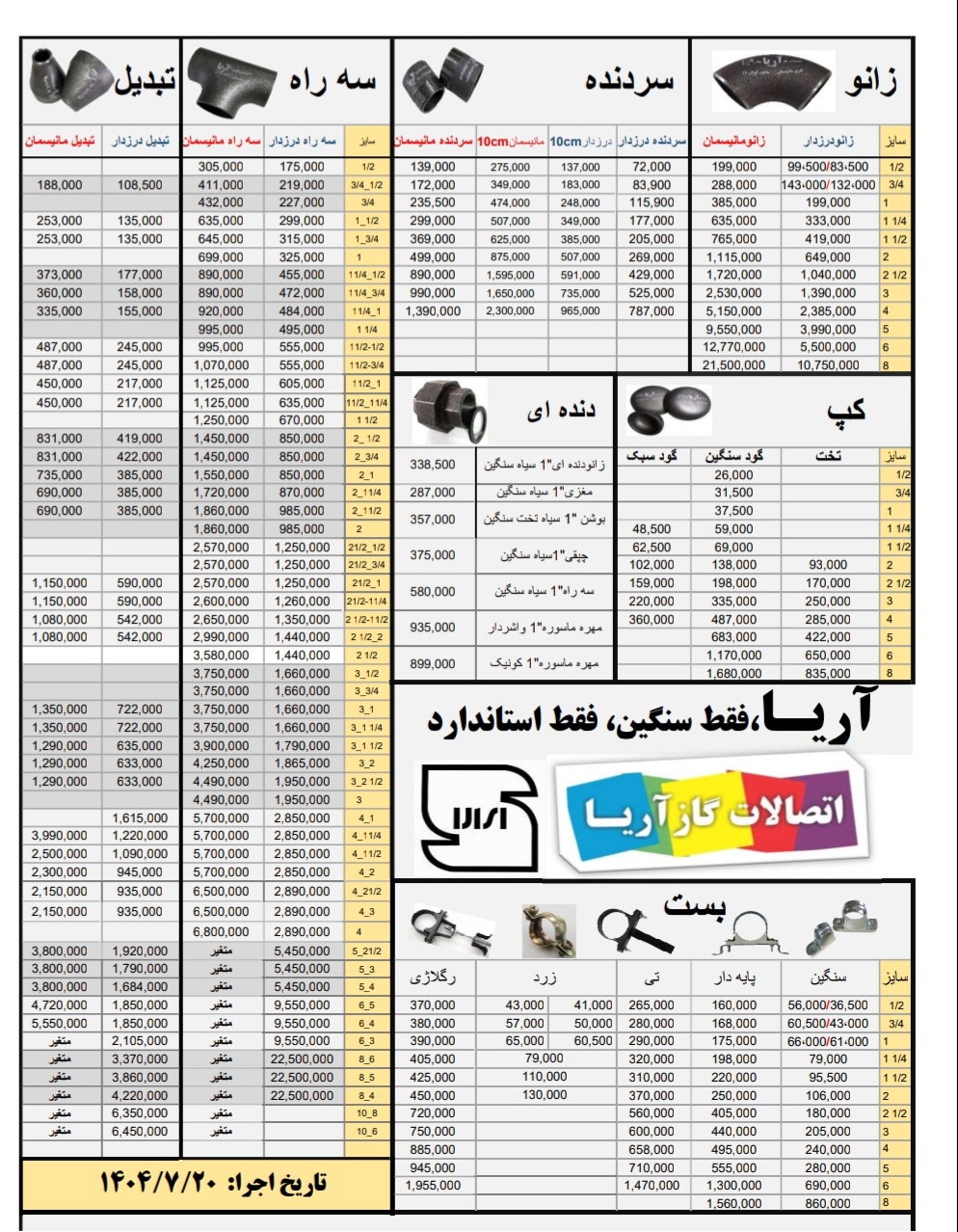 لیست قیمت اتصالات جوشی آریا